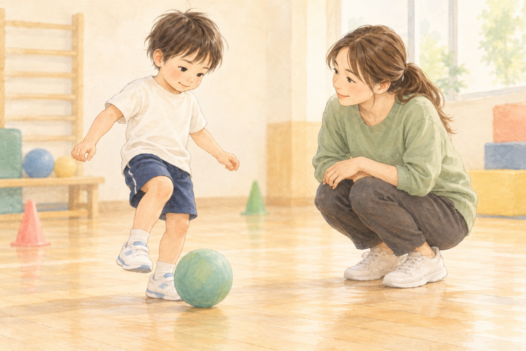 ボールを使って体を動かす子どもを、大人がそばで見守る柔らかなイラスト