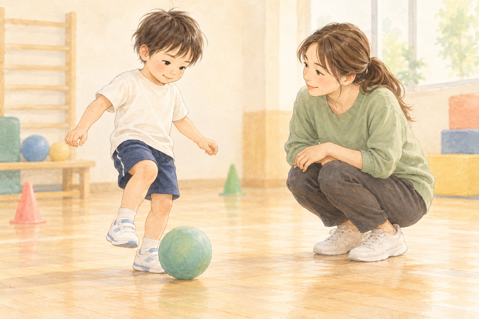 ボールを使って体を動かす子どもを、大人がそばで見守る柔らかなイラスト