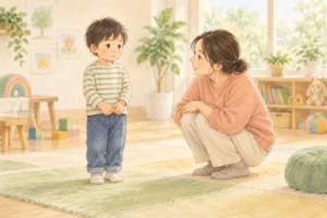 ためらう子どもの目線に合わせ、穏やかに話を聞く大人のイラスト