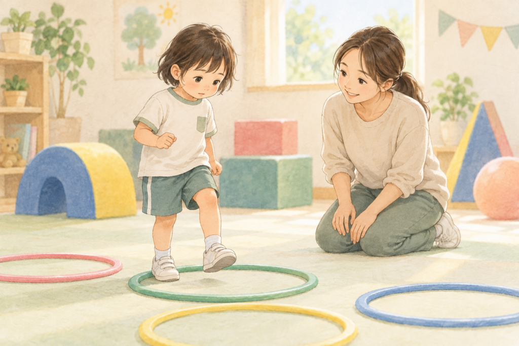 床の輪に一歩を踏み入れる子どもと、その挑戦を穏やかに見守る大人の水彩イラスト