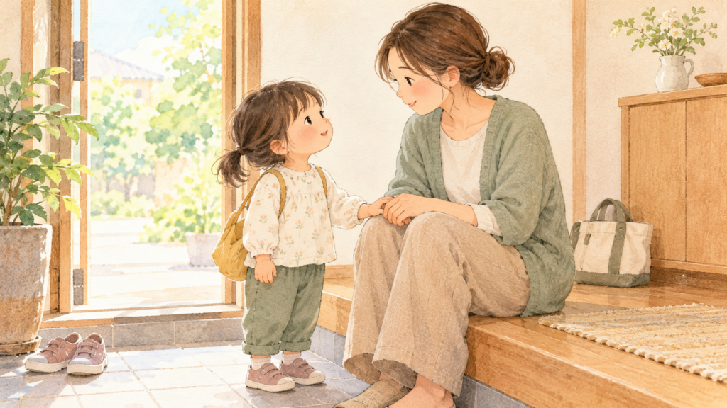 玄関で大人の手に触れ、話を聞いてもらう子どもの柔らかなイラスト