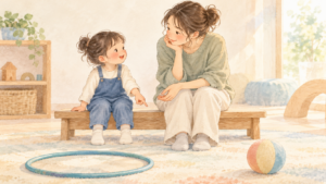床の輪を指さして話す子どもと、隣で穏やかに耳を傾ける大人の水彩イラスト